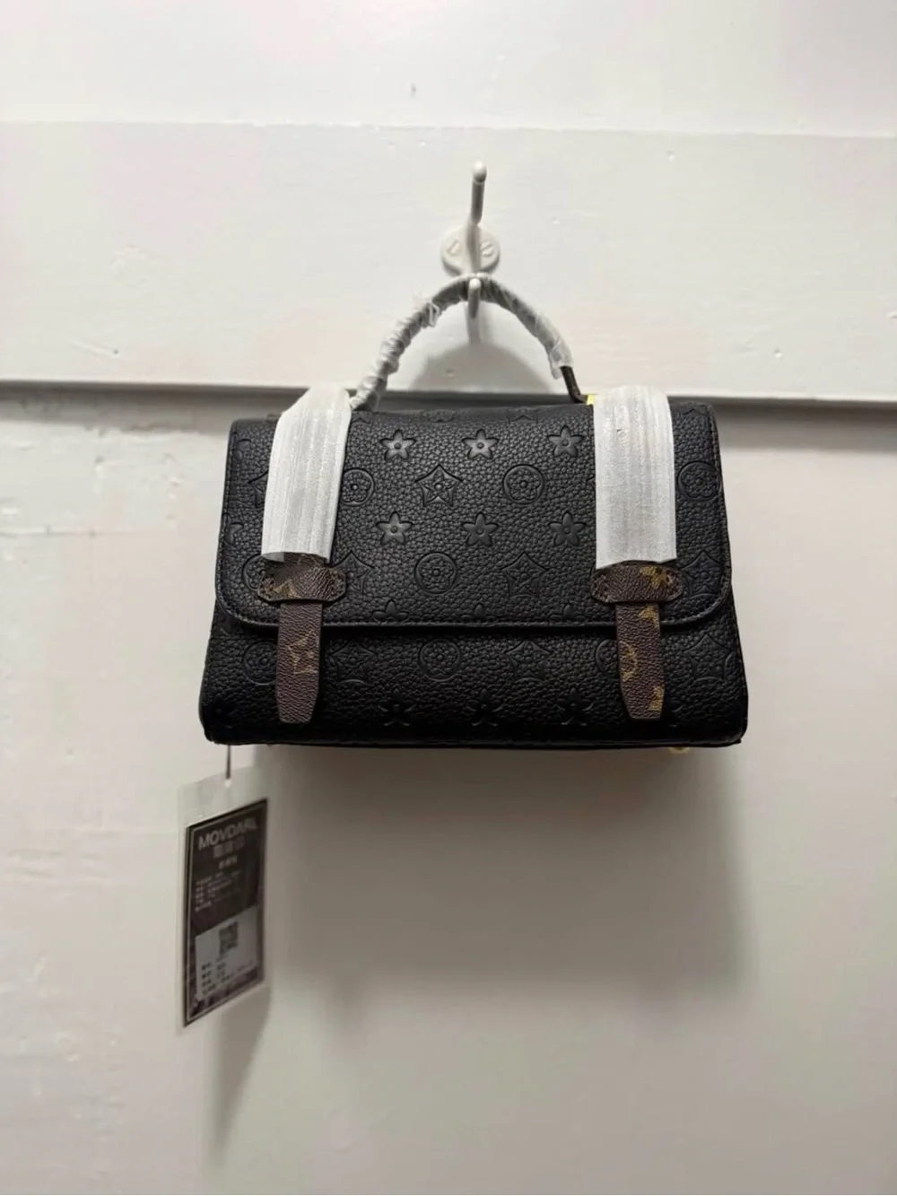 Black Embossed Top-Handle Shoulder Bag